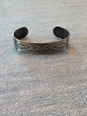Men's Black Etched Metal Cuff Bracelet - Tribal Motif